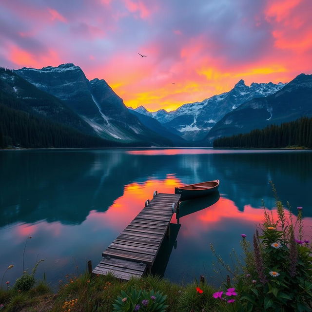 A stunning scenic view of a serene mountain lake at sunset, surrounded by lush evergreen forests and towering snow-capped peaks