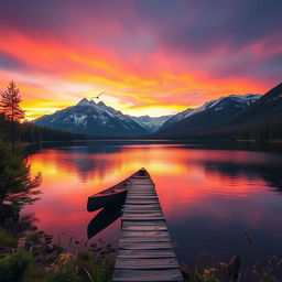 A stunning scenic view of a serene mountain lake at sunset, surrounded by lush evergreen forests and towering snow-capped peaks