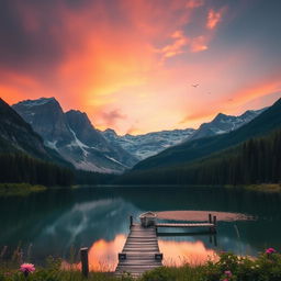A stunning scenic view of a serene mountain lake at sunset, surrounded by lush evergreen forests and towering snow-capped peaks