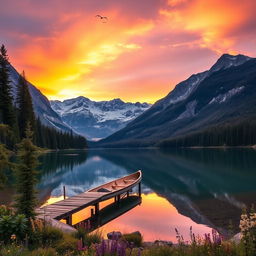 A stunning scenic view of a serene mountain lake at sunset, surrounded by lush evergreen forests and towering snow-capped peaks