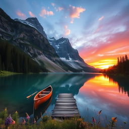A stunning scenic view of a serene mountain lake at sunset, surrounded by lush evergreen forests and towering snow-capped peaks