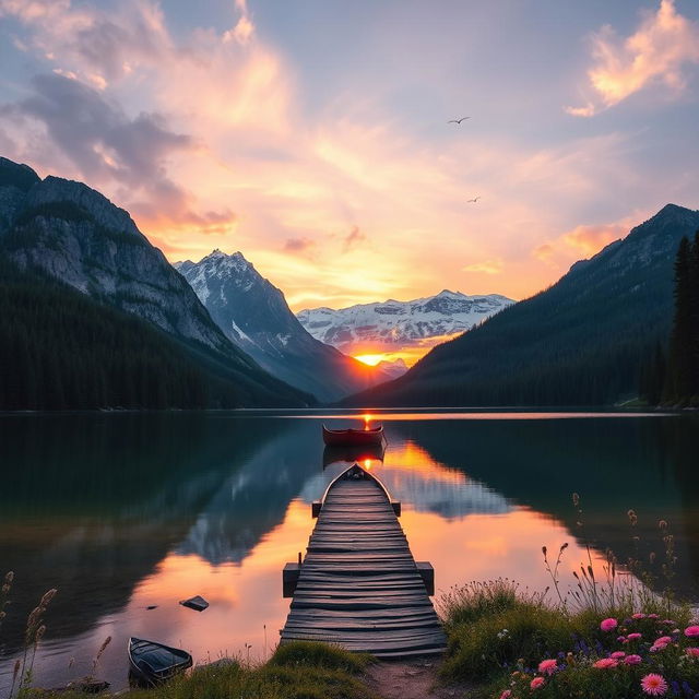 A stunning scenic view of a serene mountain lake at sunset, surrounded by lush evergreen forests and towering snow-capped peaks