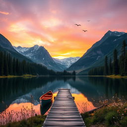 A stunning scenic view of a serene mountain lake at sunset, surrounded by lush evergreen forests and towering snow-capped peaks