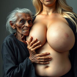 An elderly African woman, appearing very thin with decayed teeth, dressed in a long, fully closed black outfit