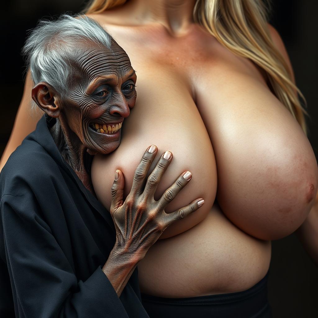 An elderly African woman, appearing very thin with decayed teeth, dressed in a long, fully closed black outfit