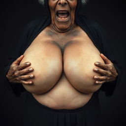 An elderly African woman, appearing very thin with decayed teeth, dressed in a long, fully closed black outfit