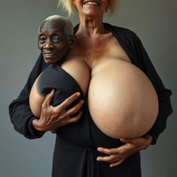 An elderly African woman, appearing very thin with decayed teeth, dressed in a long, fully closed black outfit