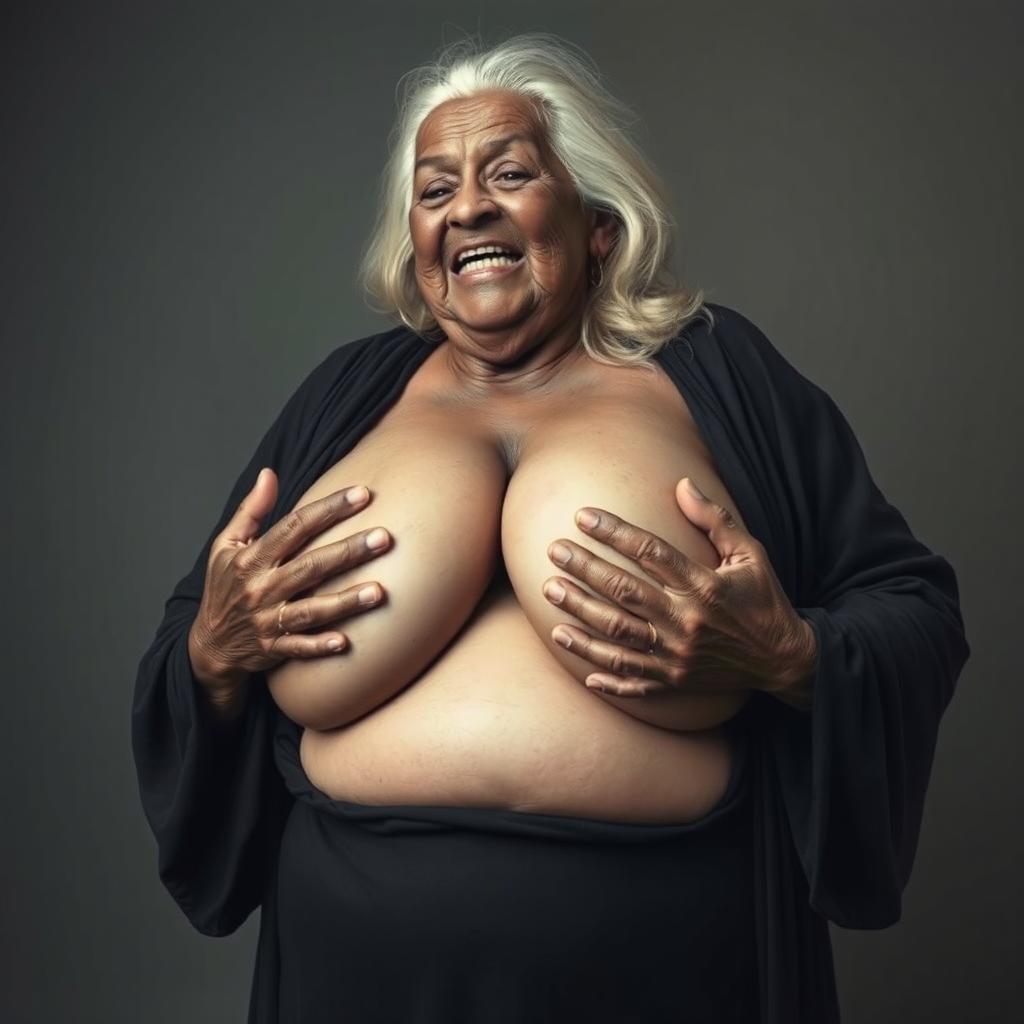 An elderly African woman, appearing very thin with decayed teeth, dressed in a long, fully closed black outfit