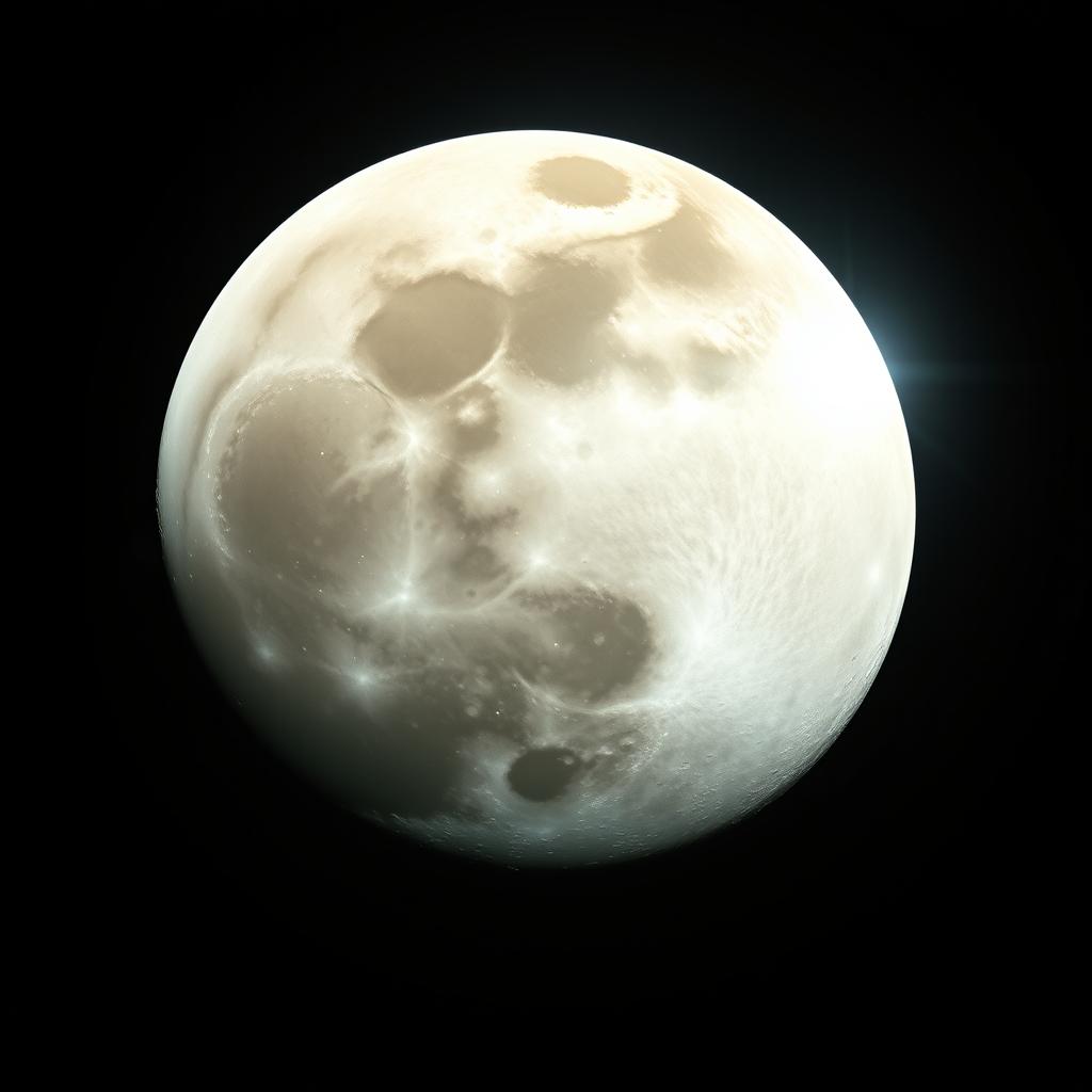 A mesmerizing full moon radiating light against a stark black background, showcasing intricate lunar surface details such as craters and mountains