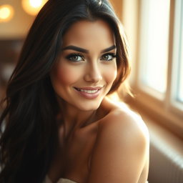 A close-up portrait of a woman with long, dark hair, a striking gaze, and a confident smile, dressed in a stylish outfit that accentuates her figure