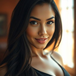 A close-up portrait of a woman with long, dark hair, a striking gaze, and a confident smile, dressed in a stylish outfit that accentuates her figure