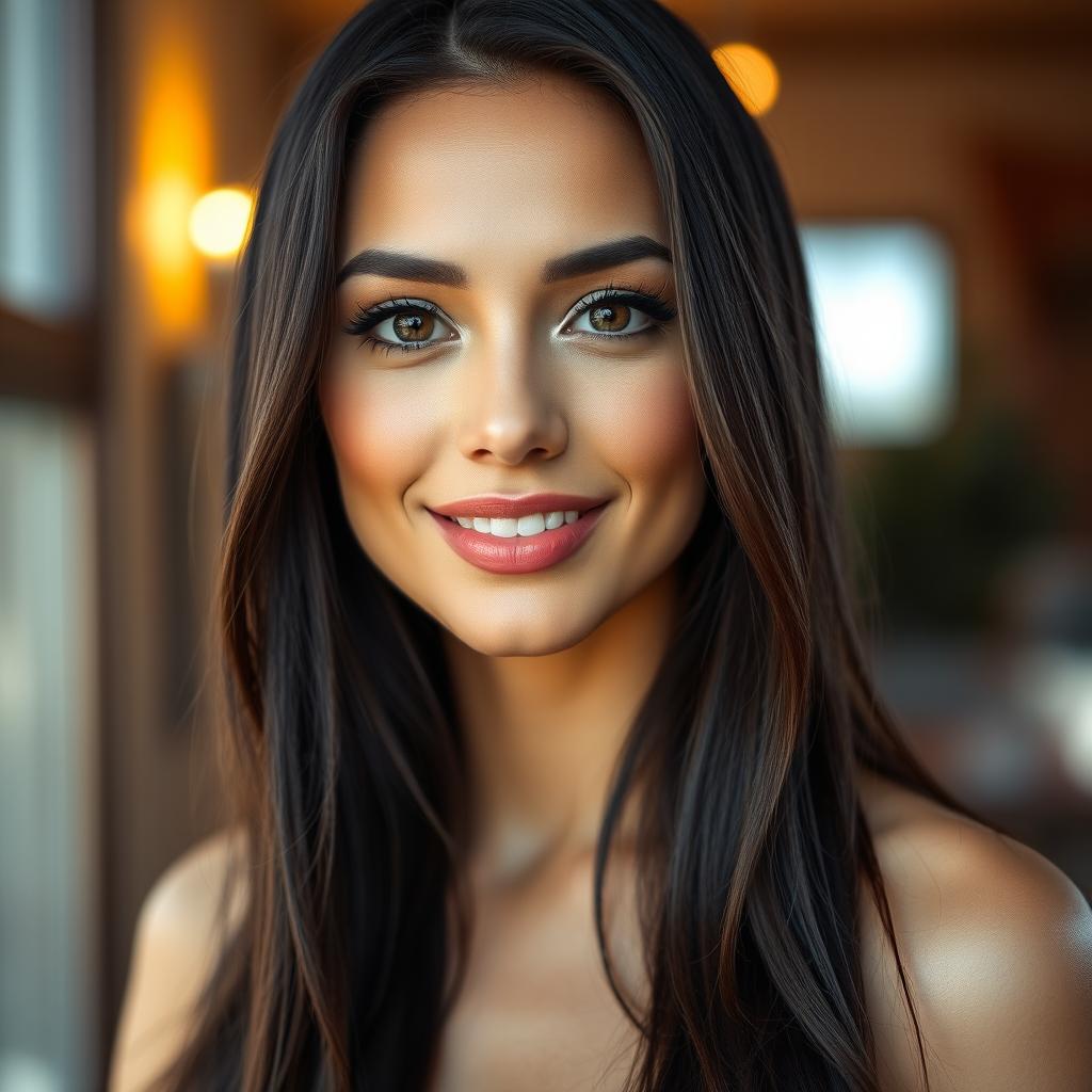 A close-up portrait of a woman with long, dark hair, a striking gaze, and a confident smile, dressed in a stylish outfit that accentuates her figure