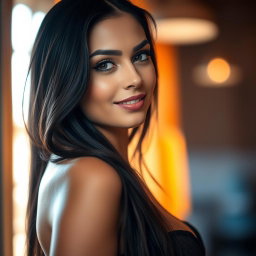 A close-up portrait of a woman with long, dark hair, a striking gaze, and a confident smile, dressed in a stylish outfit that accentuates her figure
