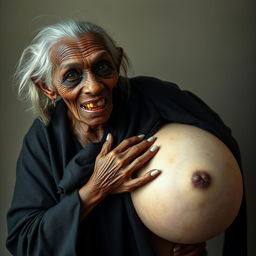 An elderly African woman, looking extremely frail with decayed teeth, dressed in a long, fully closed black outfit