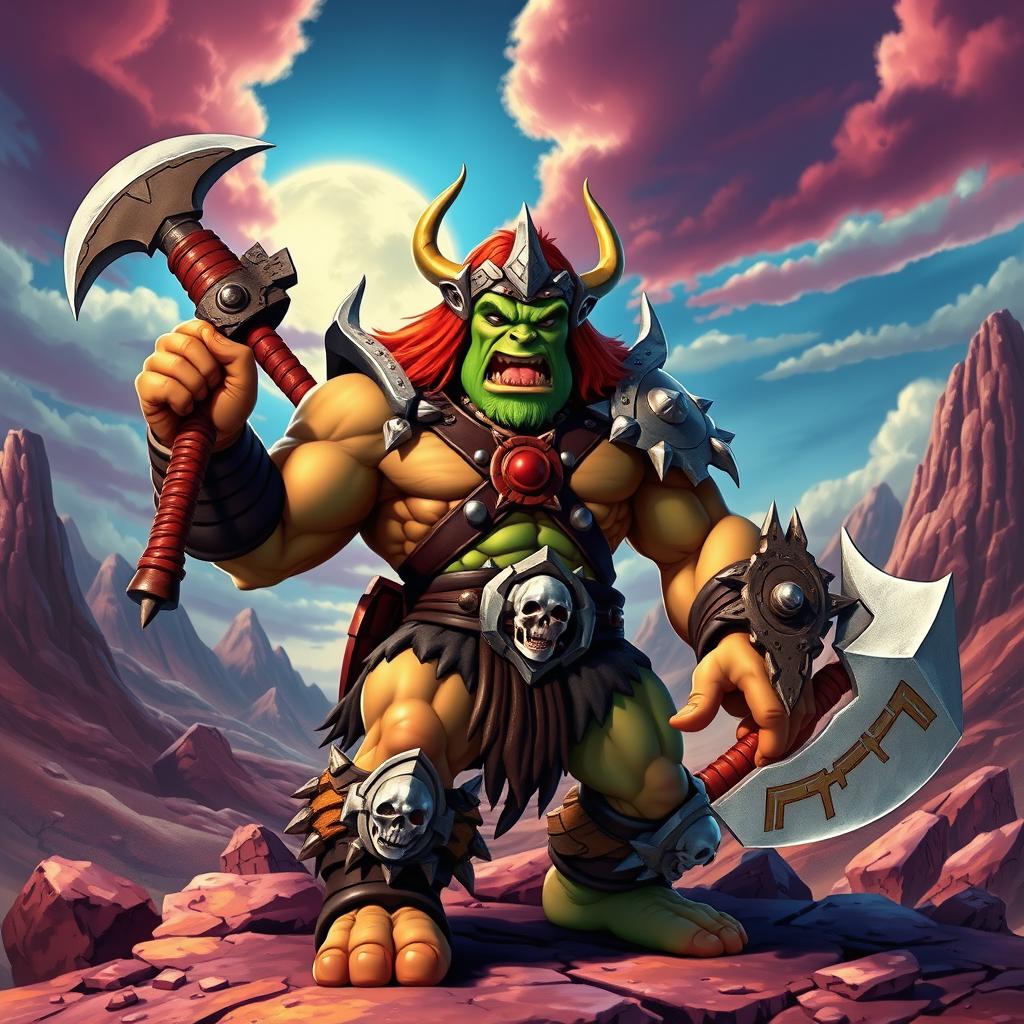 A powerful orc character inspired by the classic He-Man style, featuring exaggerated muscular build, vibrant colors, and a heroic pose