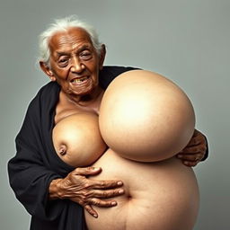 An elderly African woman, looking frail with decayed teeth, dressed in a long, closed black outfit