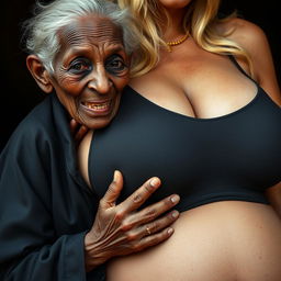 An elderly African woman, looking frail with decayed teeth, dressed in a long, closed black outfit