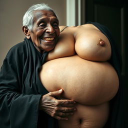 An elderly African woman, looking frail with decayed teeth, dressed in a long, closed black outfit