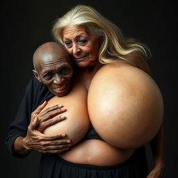 An elderly African woman, appearing emaciated with decayed teeth, dressed in a long, fully closed black outfit