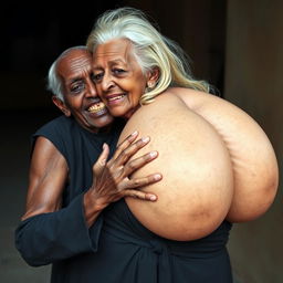 An elderly African woman, appearing emaciated with decayed teeth, dressed in a long, fully closed black outfit