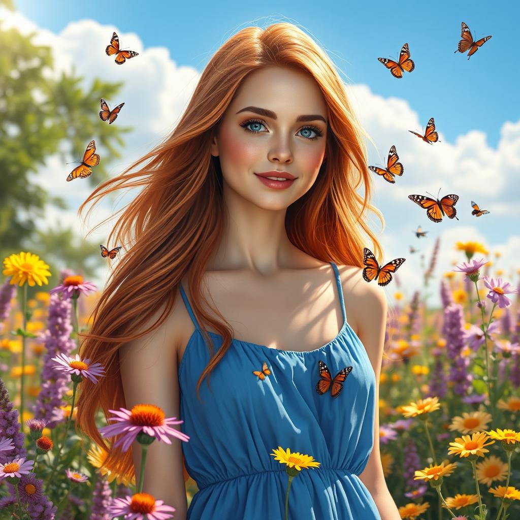 A highly detailed and vibrant portrait of a young woman with long flowing auburn hair, wearing a stylish blue sundress, standing in a sunlit flower garden filled with blooming wildflowers in various shades of purple and yellow