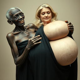 An elderly African woman, appearing emaciated with decayed teeth, dressed in a long, fully closed black outfit