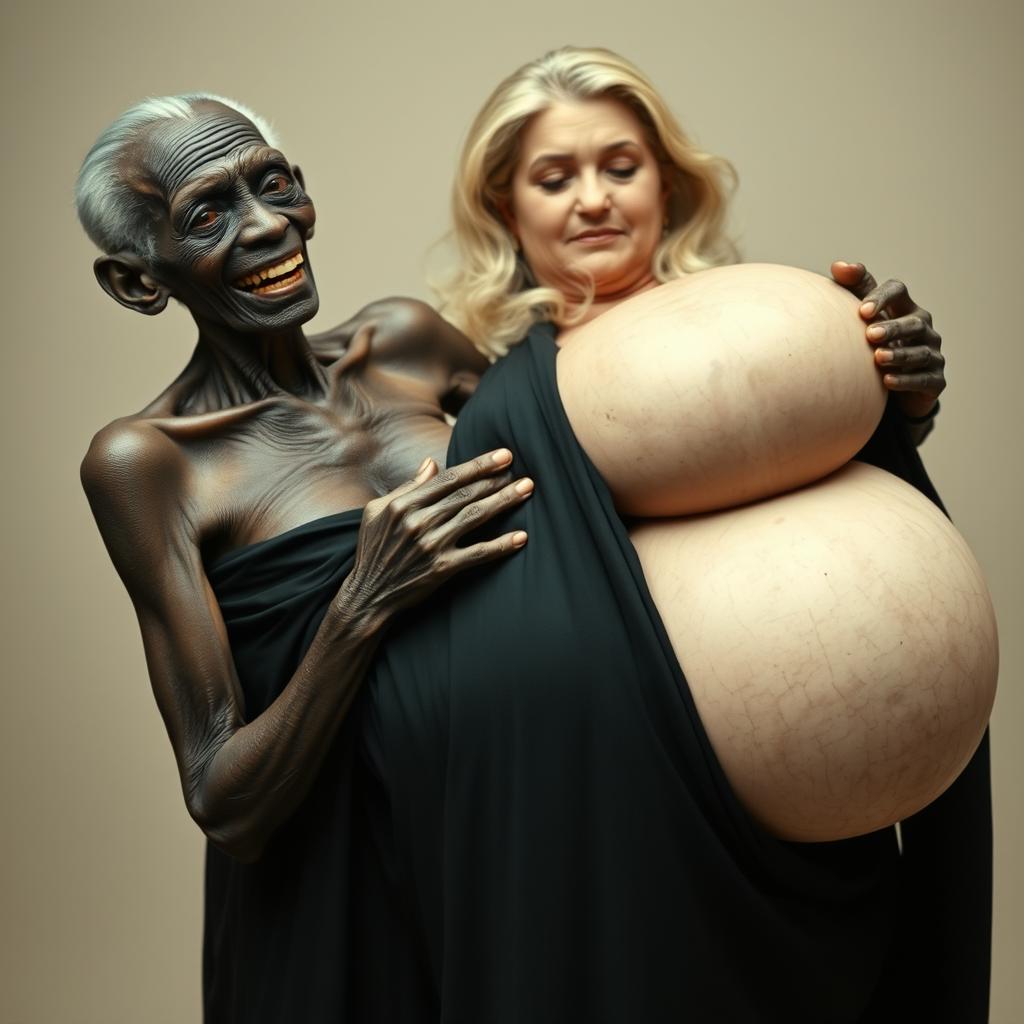 An elderly African woman, appearing emaciated with decayed teeth, dressed in a long, fully closed black outfit