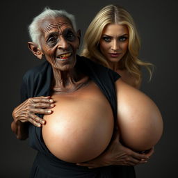 An elderly African woman, appearing emaciated with decayed teeth, dressed in a long, fully closed black outfit