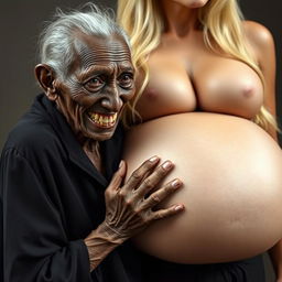 An elderly African woman, appearing emaciated with decayed teeth, dressed in a long, fully closed black outfit