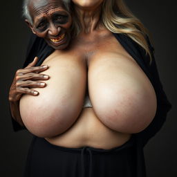 An elderly African woman, appearing emaciated with decayed teeth, dressed in a long, fully closed black outfit