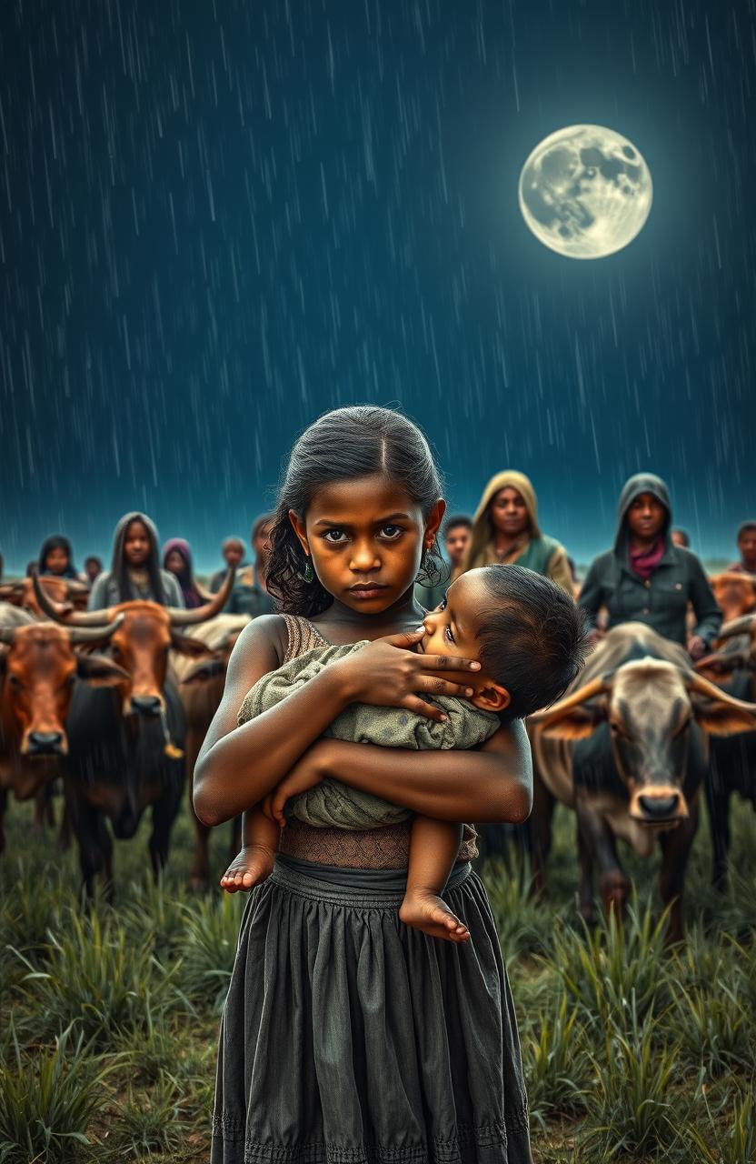 A girl holding a drying boy, surrounded by a group of strong cartel women, set against a backdrop of raindrops falling gently