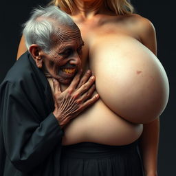 An elderly African woman, appearing emaciated with decayed teeth, dressed in a long, fully closed black outfit