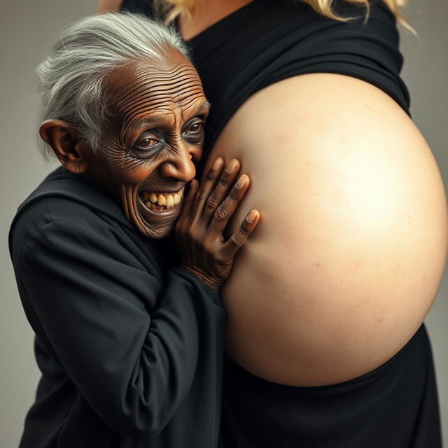 An elderly African woman, appearing emaciated with decayed teeth, dressed in a long, fully closed black outfit