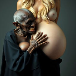 An elderly African woman, appearing emaciated with decayed teeth, dressed in a long, fully closed black outfit