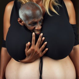 An elderly African woman, appearing emaciated with decayed teeth, dressed in a long, fully closed black outfit