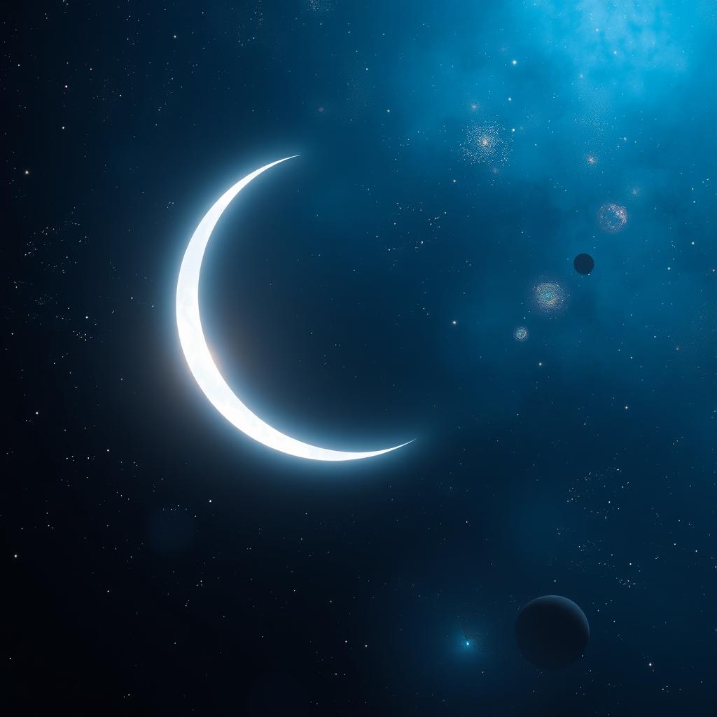 A luminous crescent moon glowing in the vastness of space, surrounded by twinkling stars and distant galaxies