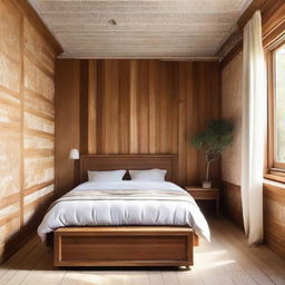 A bedroom bathed in warm sunlight, featuring a bed backed by rustic wooden panels, with delicate wallpaper adorning the wall above.