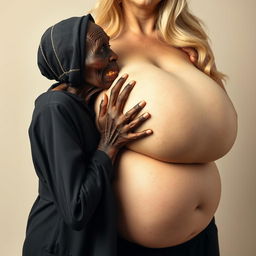 An elderly African woman, appearing emaciated with decayed teeth, dressed in a long, fully closed black outfit