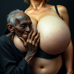 An elderly African woman, emaciated with decayed teeth, dressed in a long, fully covered black outfit, is gripping tightly with her hands and pressing her face between the extraordinarily large breasts of a voluptuous blonde woman