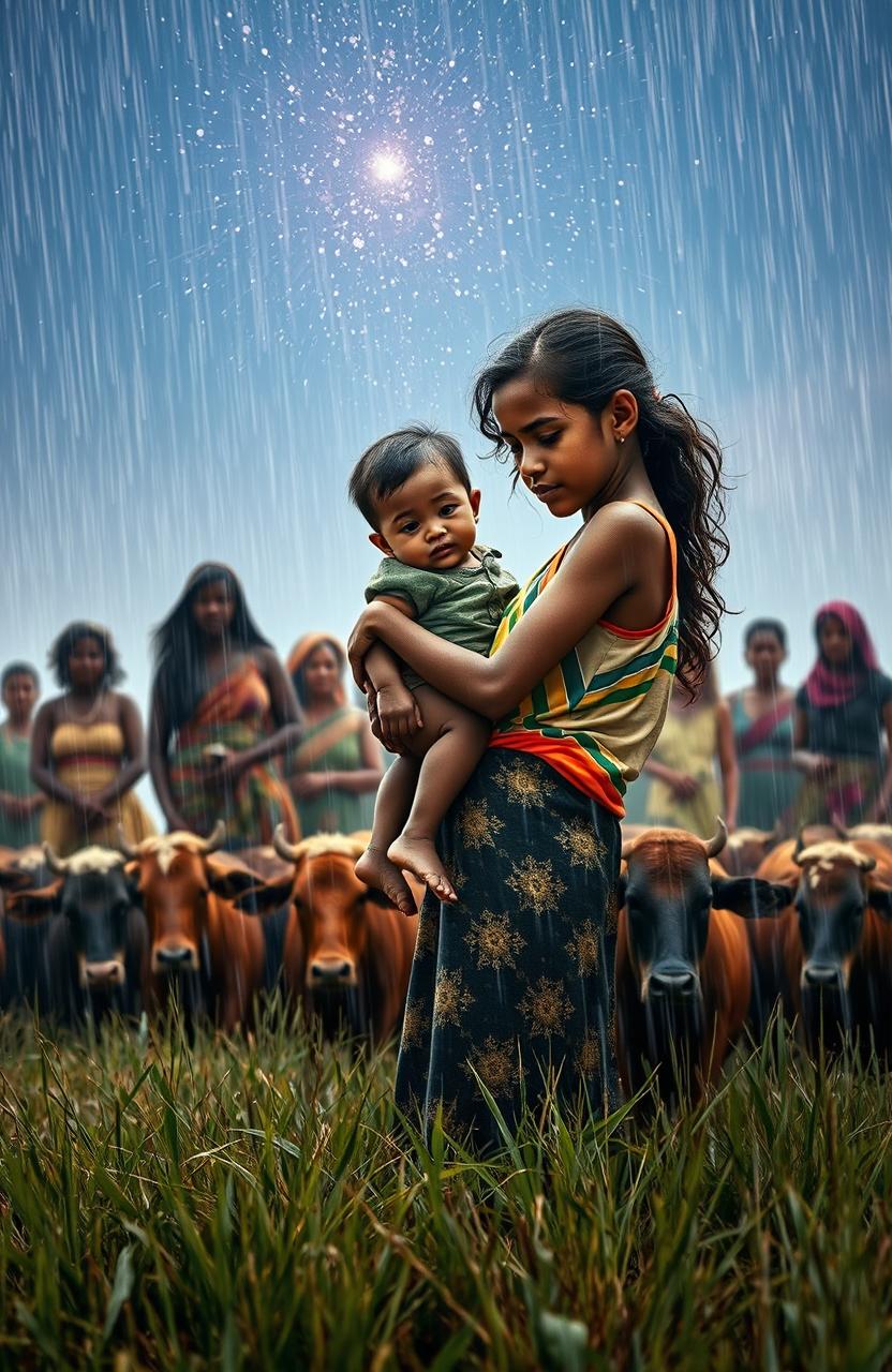 A girl holding a drying boy in her arms, surrounded by a group of strong cartel women, set against a backdrop of softly falling raindrops