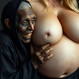 An elderly African woman, appearing emaciated with decayed teeth, dressed in a long, fully closed black outfit