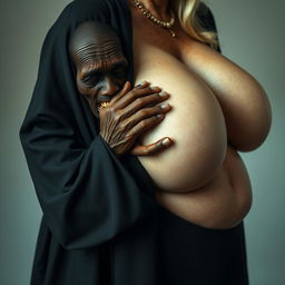 An elderly African woman, appearing emaciated with decayed teeth, dressed in a long, fully closed black outfit
