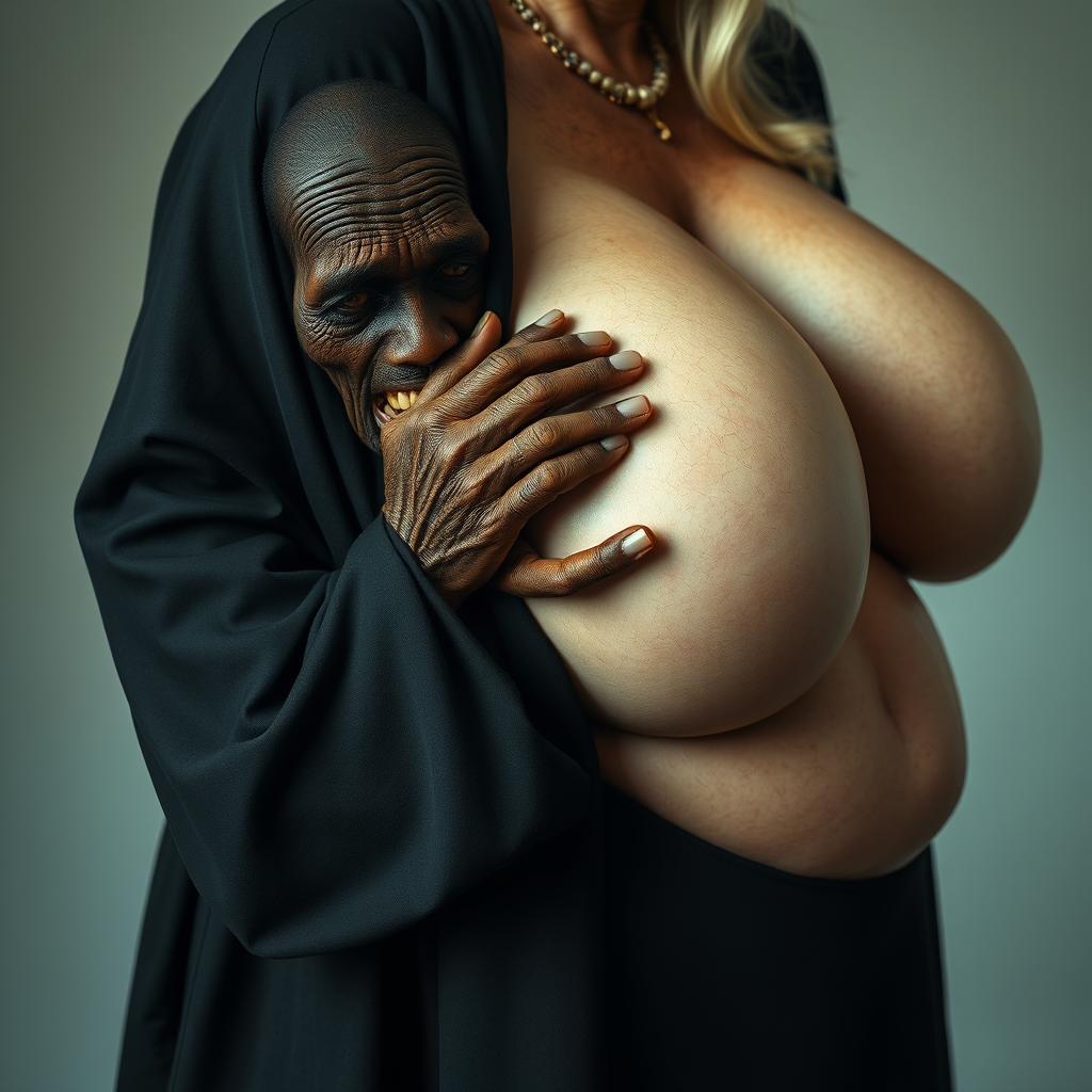 An elderly African woman, appearing emaciated with decayed teeth, dressed in a long, fully closed black outfit