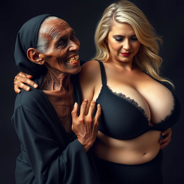 An elderly African woman, appearing emaciated with decayed teeth, dressed in a long, fully covered black outfit, is forcefully gripping the breasts of a voluptuous blonde woman