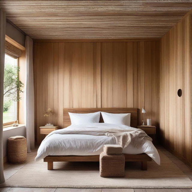 A bedroom bathed in warm sunlight, featuring a bed backed by rustic wooden panels, with delicate wallpaper adorning the wall above.