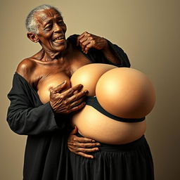 An elderly African woman, appearing emaciated with decayed teeth, dressed in a long, fully closed black outfit, is forcefully gripping the breasts of a voluptuous blonde woman