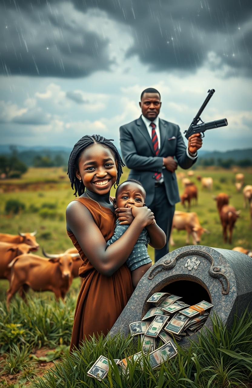 A scene depicting an African teenage girl with a radiant smile, gently holding a drying 5-year-old boy in her arms, showcasing a nurturing bond