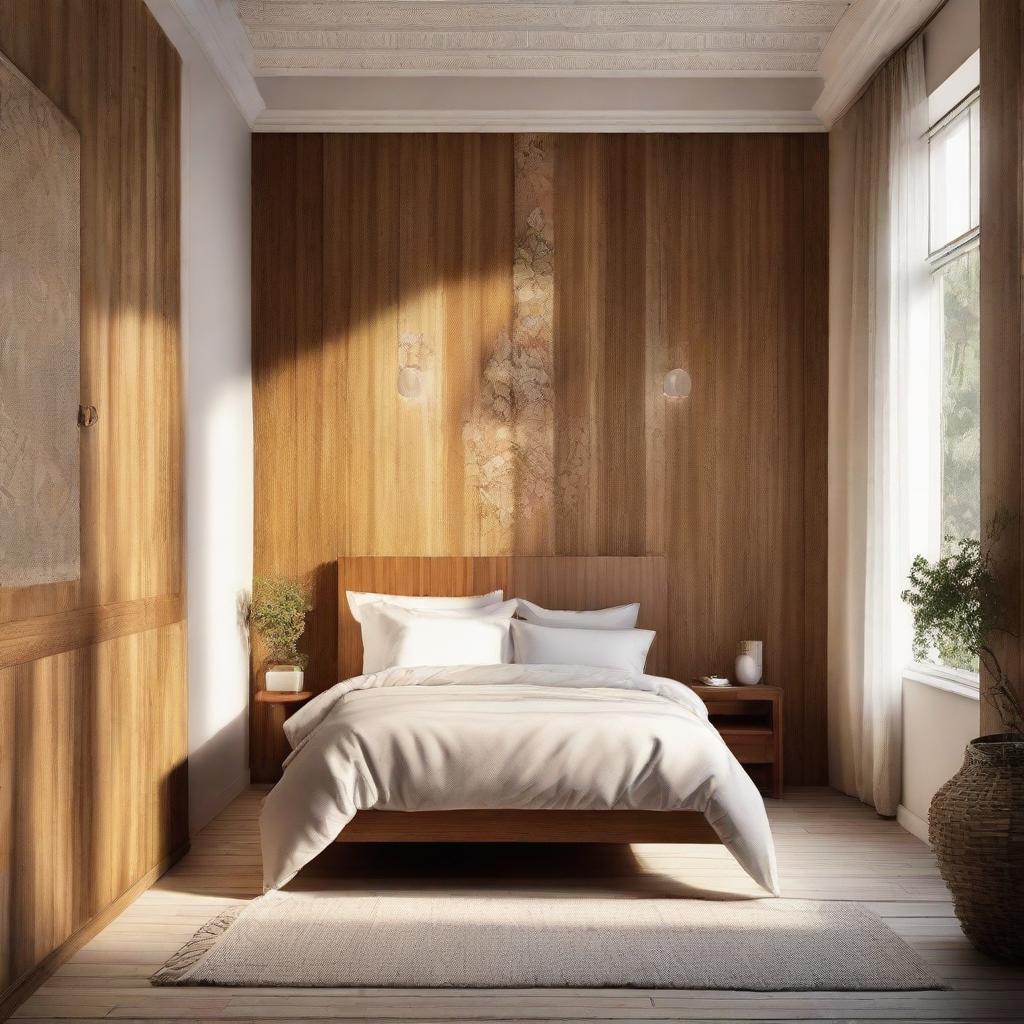 A bedroom bathed in warm sunlight, featuring a bed backed by rustic wooden panels, with delicate wallpaper adorning the wall above.