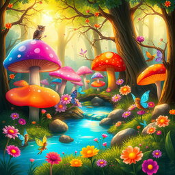 A whimsical and enchanting illustration of a mythical forest, filled with vibrant, oversized mushrooms and colorful, luminescent flowers