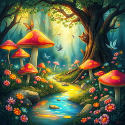 A whimsical and enchanting illustration of a mythical forest, filled with vibrant, oversized mushrooms and colorful, luminescent flowers